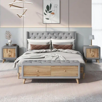 Simplie Fun 4-pieces Bedroom Sets Queen Size Upholstered Platform Bed In Gray