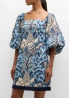 CARA CARA WOMEN'S MONTAUK DRESS, 100% COTTON PUFF SLEEVES FRUIT BASKET MINI BLUE