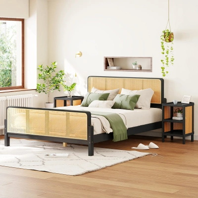 Simplie Fun 3 Pieces Rattan Platform Full Size Bed In Neutral