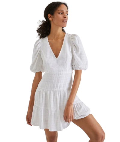 French Connection Women's Solid Birch Puff Sleeve Mini Dress, Summer White