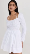 STAUD WOMEN CASSIDY WHITE COTTON SMOCKED MINI DRESS