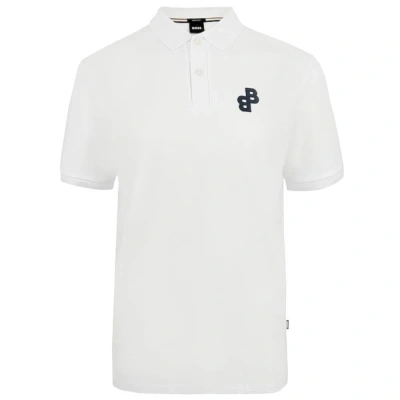Hugo Boss Men Parlay -white Pique Cotton Bb Logo Short Sleeve Polo Shirt