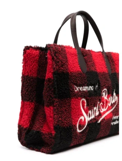 MC2 SAINT BARTH MC2 ST. BARTH WOMEN'S RED BLACK CHECK WOOL LEATHER TOTE HANDBAG