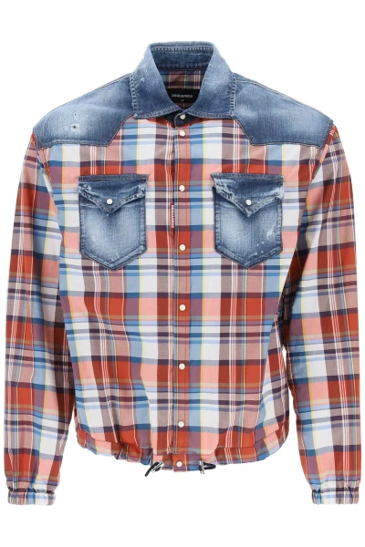 Dsquared2 Plaid Western Shirt With Denim Inserts In Red,white,blue