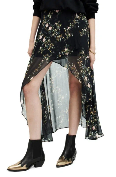 Allsaints Slvina Oto Floral Asymmetric Maxi Skirt In Black