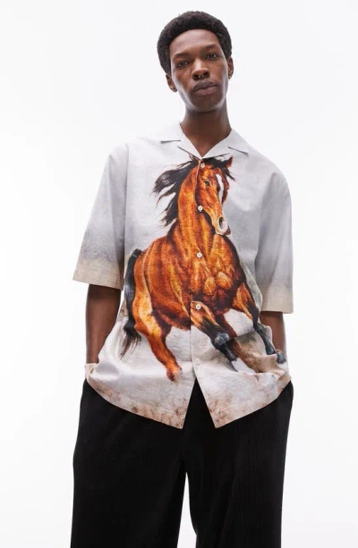 Topman Short Sleeve Relaxed Fit Camp Collar Horse Print Shirt In Multi