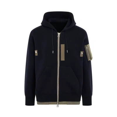 Sacai Sponge Sweat Nylon Twill Full Zip Hoodie In Blue