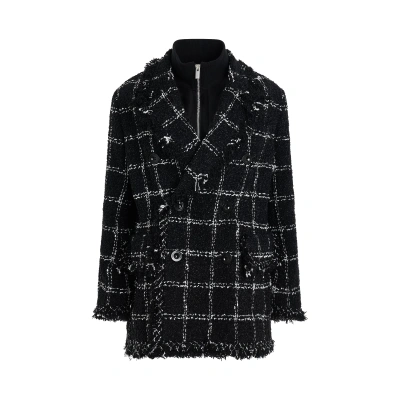Sacai Fringed-edge Tweed Jacket In Black