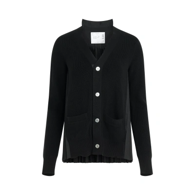 Sacai Pleated V-neck Cotton Cardigan In Black