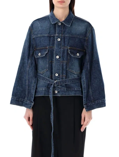 Sacai Long-sleeve Belted Denim Cape Jacket In Blue