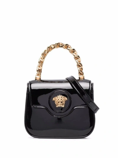 Versace La Medusa Embellished Patent-leather Shoulder Bag In Black