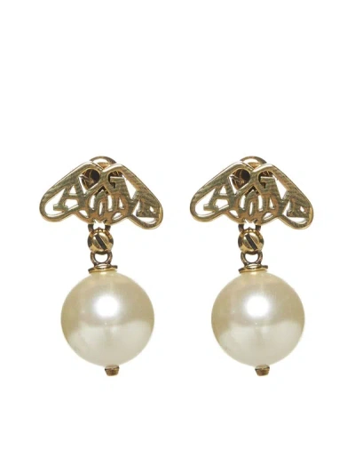 Alexander Mcqueen Seal Logo Pearl Earrings In Gold