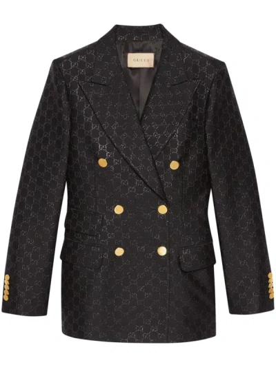 Gucci Gg-jacquard Double-breasted Wool Blazer In Black