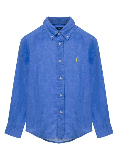 Polo Ralph Lauren Kids' Blue Shirt With Logo Embroidery In Linen Man