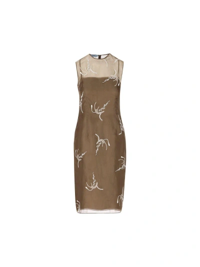 Prada Allover Embroidered Sleeveless Midi Dress In Mimetico