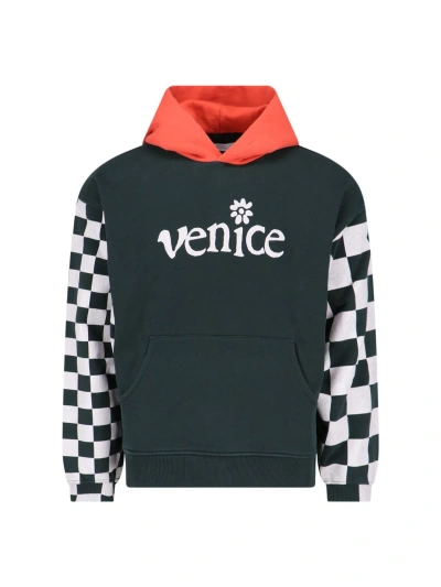 Erl Venice-print Colour-block Hoodie In Green