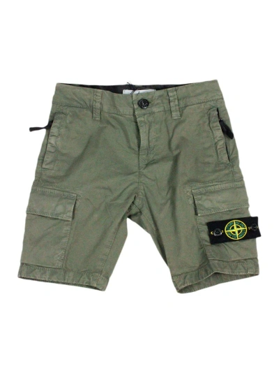 Stone Island Kids' Stretch Cotton Cargo Shorts With Pockets And Logo On The Leg Pocket In Green