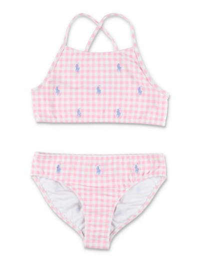 Polo Ralph Lauren Kids' Gingham Polo Pony Two-piece Swimsuit In Pink