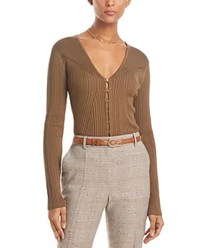 Hugo Boss Ribbed Cardigan In Stretch Fabric With Hook Closures In Light Brown