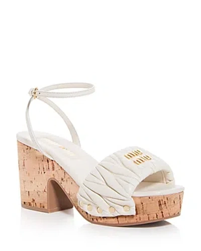 Miu Miu Quilted Leather Ankle-strap Platform Sandals In Bianco