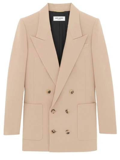 Saint Laurent Women's Double-breasted Blazer In Wool Gabardine In Beige