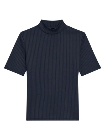 Theory Mock Neck Short-sleeve Top In Rib Knit In Nocturne Navy