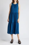 Eileen Fisher Tiered Sleeveless Washed Silk Midi Dress In Blue