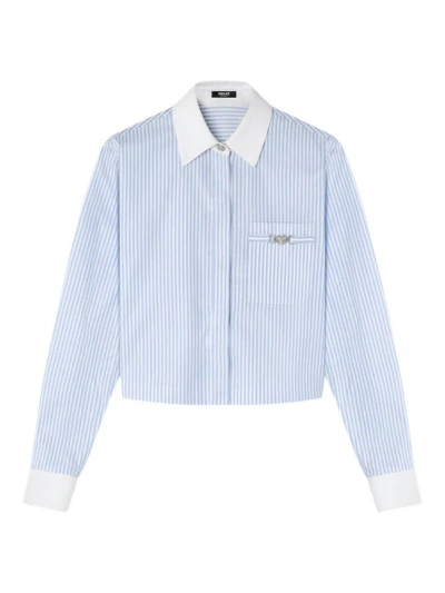 Versace Oxford Striped Crop Shirt In Light Blue