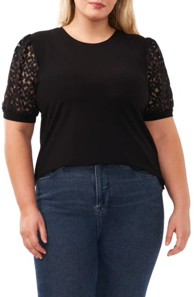 Cece Lace Puff Sleeve Knit Top In Rich Black