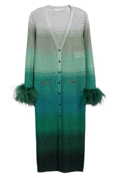Valentino Gradient-effect Feather-trimmed Midi Dress In Green