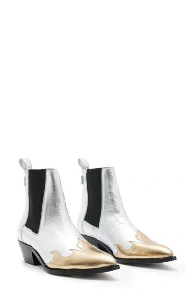 Allsaints Dellaware Pointed Leather Western Boots In Silver/gold