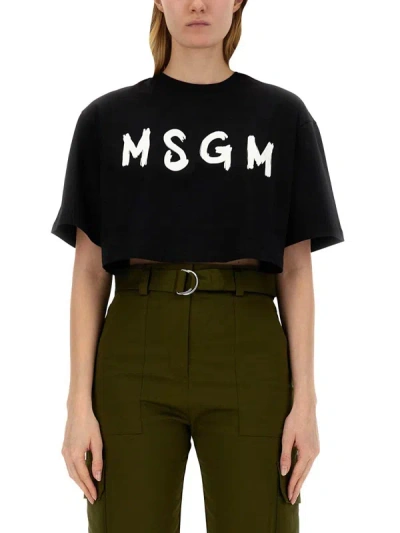 Msgm T-shirt With Brushed Logo In Black