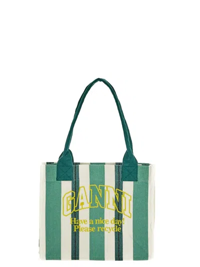 Ganni Green Large Striped Canvas Tote