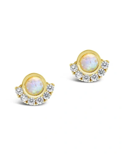 Sterling Forever 14k Over Silver Cz Half Halo Opal Studs In Gold