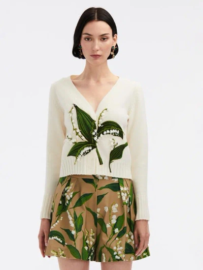 Oscar De La Renta Floral-embroidered Fine-knit Cardigan In Ivory