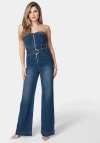 Bebe Front Zipper Wide Leg Denim Jumpsuit In True Blue Wash