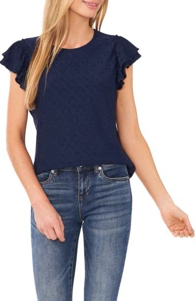 Cece Double Ruffle Sleeve Eyelet Knit Top In Classic Navy