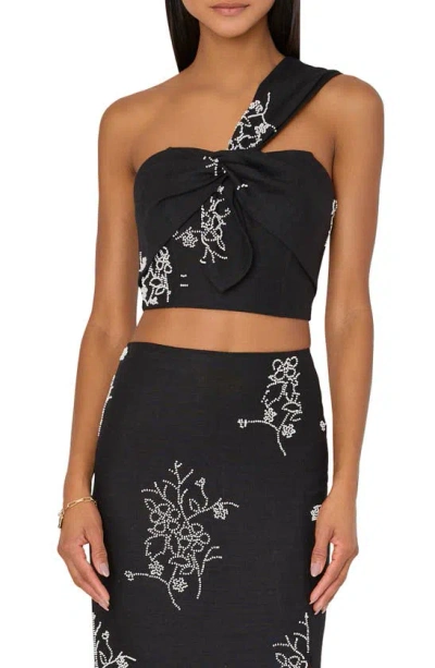 Milly Beaded Embroidery One-shoulder Crop Top In Black