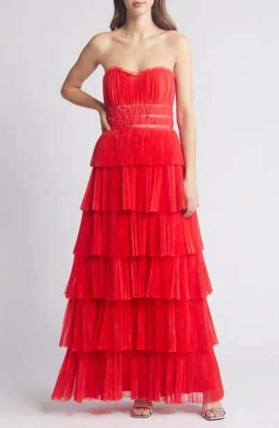 Hutch Women's Evi Tulle Ruffled Strapless Gown In Red