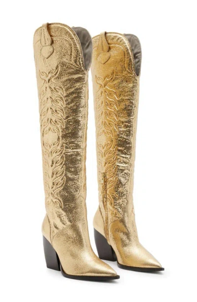 Allsaints Roxanne Knee High Metallic Leather Boots In Metallic Gold