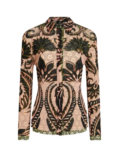 Etro Printed African-mesh Long-sleeve Collared Shirt In Pink & Purple