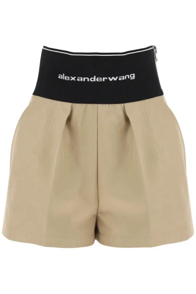 Alexander Wang Cotton And Nylon Shorts With Branded Waistband In Beige