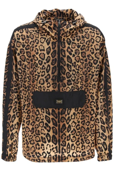 Dolce & Gabbana Hooded Jacket With Leopard-print Crespo In Black,beige