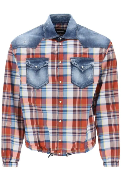 Dsquared2 Plaid Western Shirt With Denim Inserts In Mixed Colours