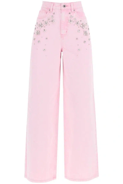 Self-portrait Womens Pink Crystal-embellished Wide-leg Mid-rise Jeans In Rose
