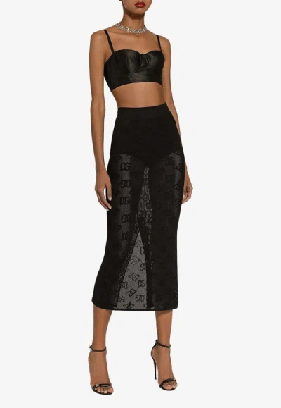 Dolce & Gabbana All-over Logo Midi Mesh Skirt In Black