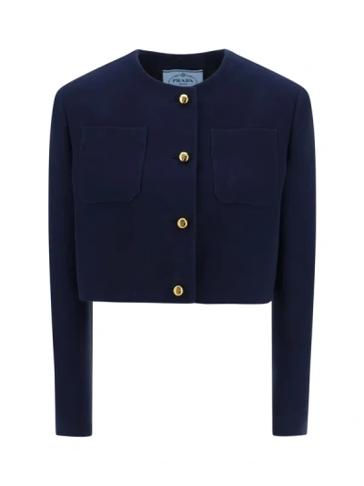 Prada Crewneck Cropped Jacket In Blue