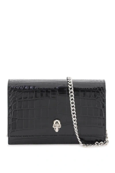 Alexander Mcqueen Croco-embossed Leather Mini Bag Skull Women In Black