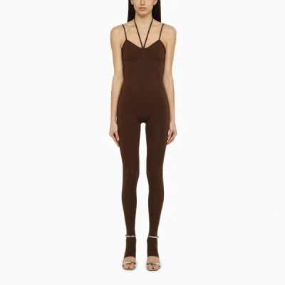 ANDREÄDAMO ANDREĀDAMO BROWN NYLON FITTED JUMPSUIT