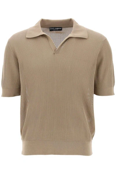 Dolce & Gabbana Cotton Ribbed Perforated Polo Shirt In Beige 10